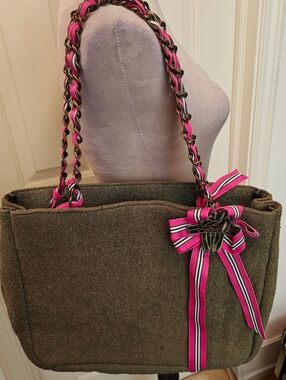 Y2K Goldie Lim Ed Green Tweed Bag w  Ribbon Details, Bow Accent & Chain Strap